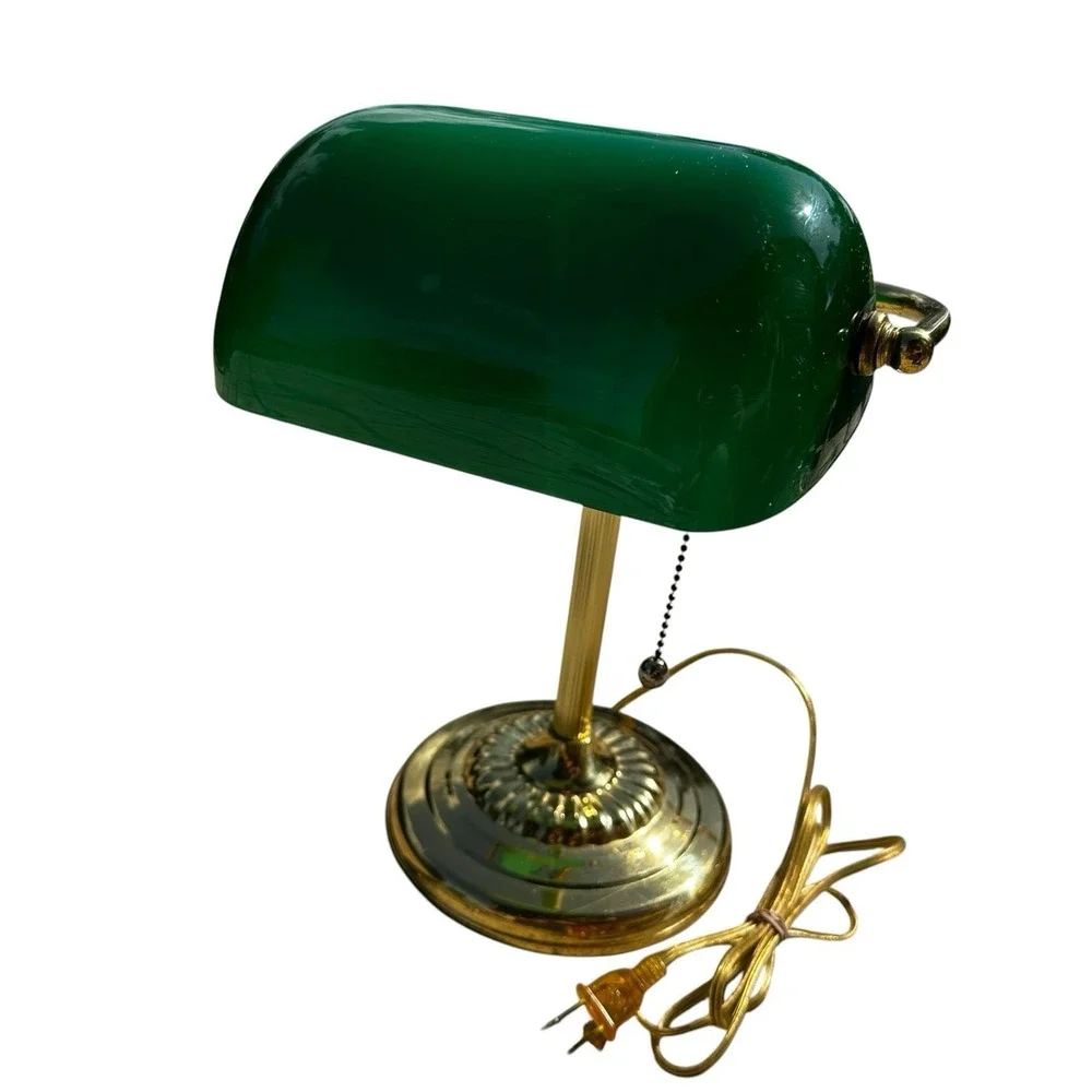 Vintage Brass Bankers Lamp Desk Emerald Green Glass Shade Emeralite 1970s/1980s